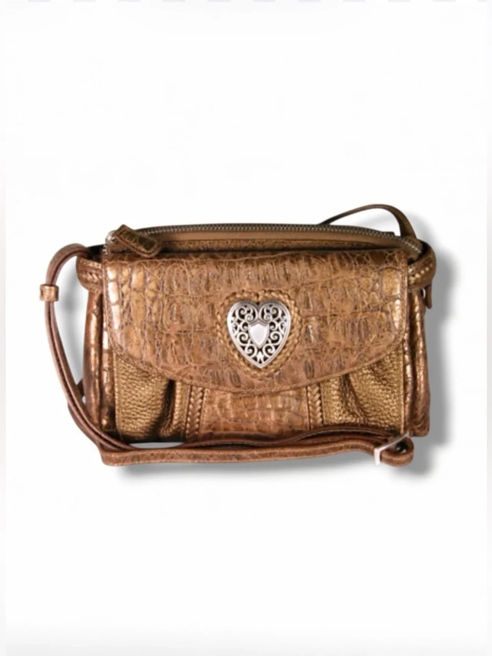 BRIGHTON Heraldic Heart Organizer Crossbody Bag with attached wallet, bronze